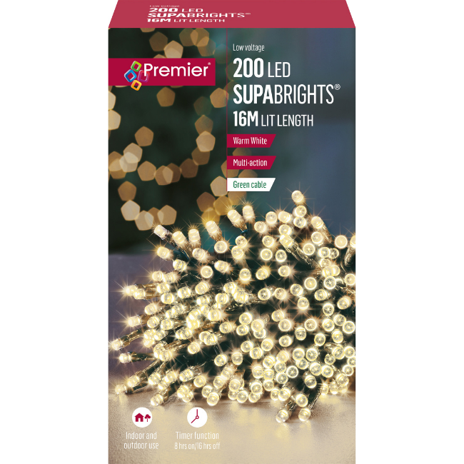 200 Warm White Premier Supabright LED Christmas Lights