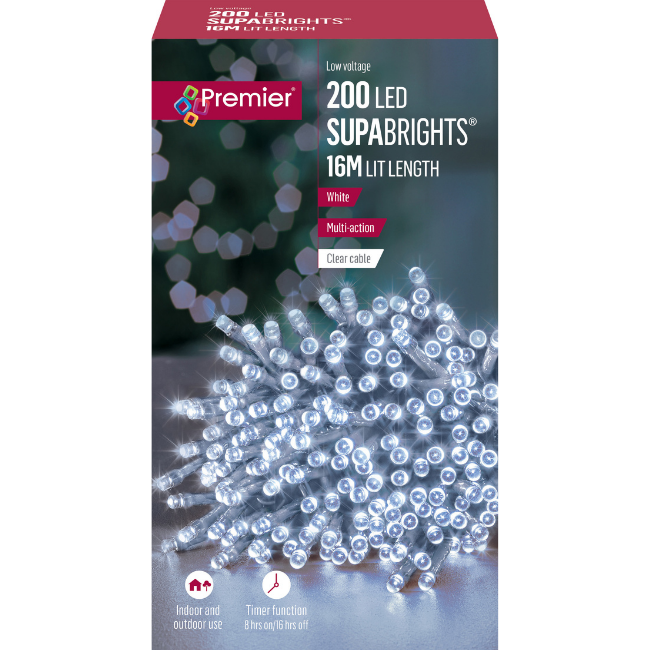 200 White (Clear Cable) Premier Supabright LED Christmas Lights