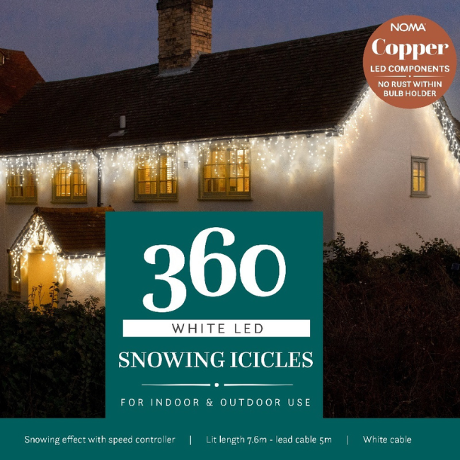 Noma White 360 LED Snowing Christmas Icicle Lights - 7.6M Lit Length