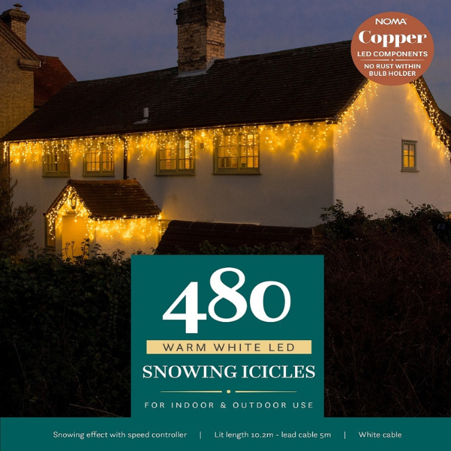 Noma 480 LED Warm White Snow Icicle Lights - 10.2M Lit Length