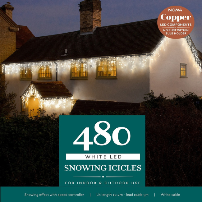 Noma 480 LED White Snow Icicle Lights - 10.2M Lit Length