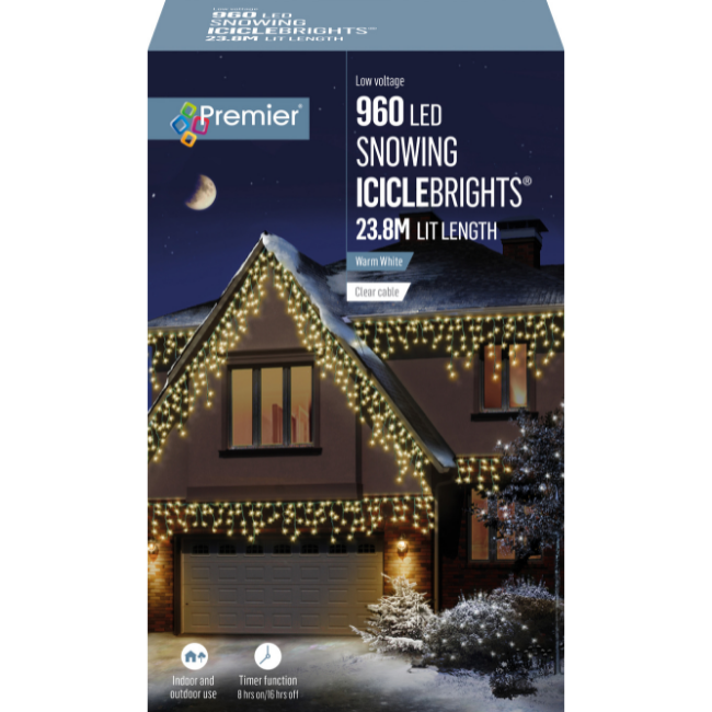 960 Warm White Icicle Lights by Premier