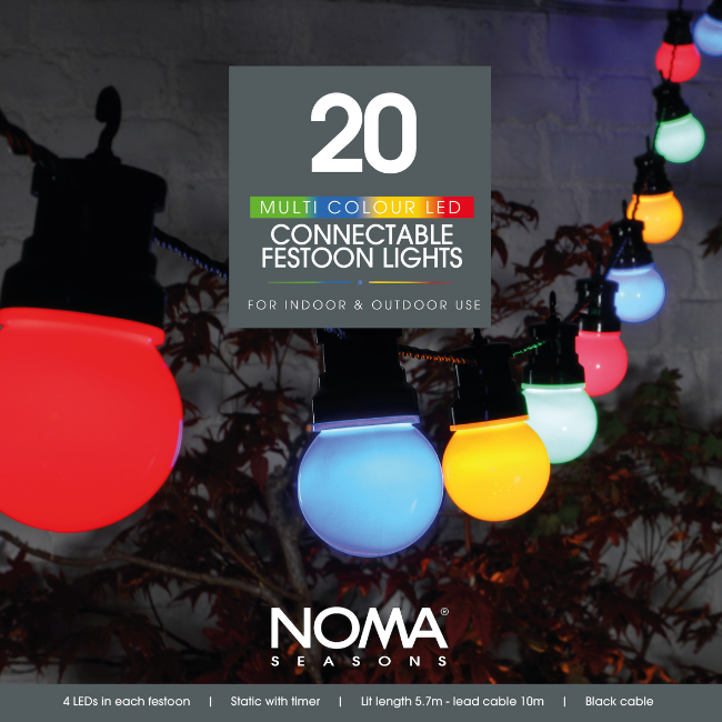 20 Noma Multi-Coloured Connectable Garden Festoon Lights 5.7m
