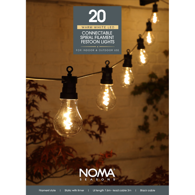 20 Connectable Noma Spiral Filamant LED Festoon Lights in Warm White - 7.6M