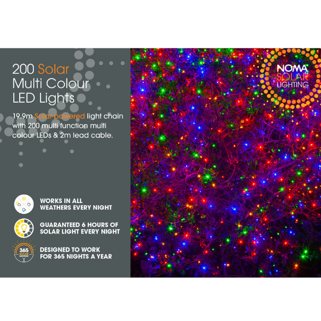 200 Noma Multi-Colour Solar LED String Lights - 19.9M