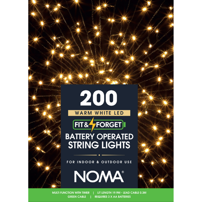 200 Noma Battery Operated Warm White Multi Function String Lights - 19.9M