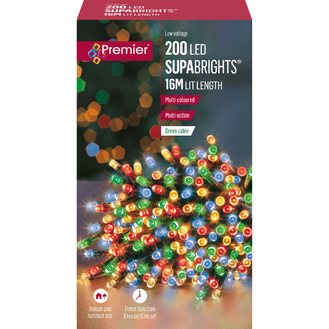 200 Multi-coloured Premier Supabright LED Christmas Lights