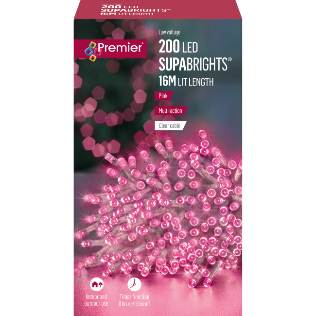 200 Pink (Clear Cable) Premier Supabright LED Christmas Lights