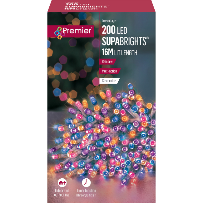 200 Rainbow (Clear Cable)  Premier Supabright LED Christmas Lights