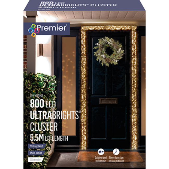 Premier 800 LED Ultrabright Vintage Gold 'Door' Garland Cluster Lights