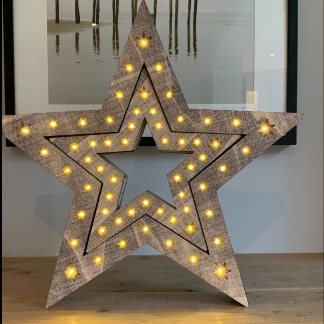 Noma Set of 2 Rustic Wooden Stars - Battery Operated