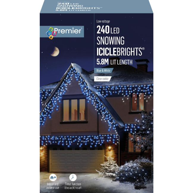 Premier 240 LED Snowing Icicle Brights (Blue & White) - 5.8M Lit Length