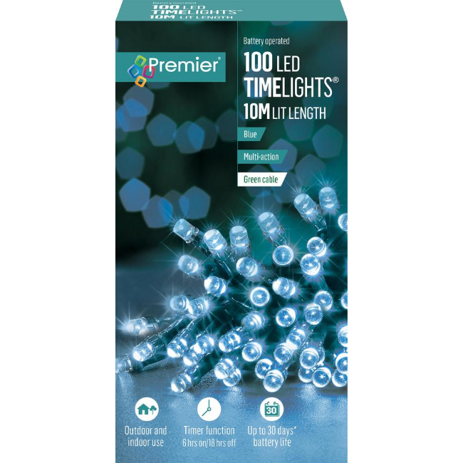 Premier 100 LED Battery Operated Timelights (Blue) - 10M Lit Length