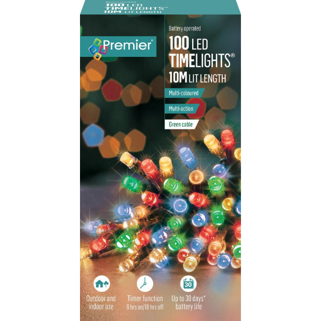 Premier 100 LED Battery Operated Timelights (Multi-Coloured) - 10M Lit Length